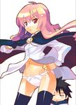  1girl amulet black_legwear bolo_tie bow bow_panties cape dress_shirt hand_on_hip hiraga_saito long_hair long_sleeves louise_francoise_le_blanc_de_la_valliere no_pants panties pentacle pink_eyes pink_hair ryuuta_(msxtr) shirt standing thighhighs underwear white_panties zero_no_tsukaima 