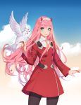  1girl animal animal_on_head bird bird_on_head black_legwear blue_sky cloud cowboy_shot darling_in_the_franxx dress duximeng floating_hair green_eyes hairband highres horns long_hair long_sleeves looking_at_viewer necktie on_head pantyhose pink_hair red_dress shiny shiny_hair short_dress sky smile solo standing two-headed_bird very_long_hair white_hairband yellow_neckwear zero_two_(darling_in_the_franxx) 