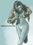  alien1452 bikini blue_hair blue_skin copyright_request jacket long_sleeves red_eyes short_hair solo swimsuit 