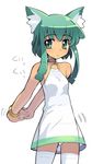  animal_ears arms_behind_back bare_shoulders breasts cat_ears copyright_request dress green_eyes green_hair halterneck panties pantyshot pantyshot_(standing) petite short_dress sikorsky skirt small_breasts solo standing thighhighs underwear upskirt white_legwear white_panties white_skirt 