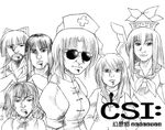  animal_ears artist_request bunny_ears crossover csi csi_miami everyone fujiwara_no_mokou fusion greyscale houraisan_kaguya inaba_tewi kamishirasawa_keine man_face monochrome multiple_girls parody pun reisen_udongein_inaba touhou yagokoro_eirin 