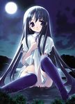  black_eyes black_hair black_legwear blush copyright_request dress dress_lift long_hair masaharu moon panties ribbon sitting solo thighhighs underwear water white_dress white_panties 