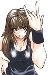  \m/ breasts brown_eyes brown_hair cleavage copyright_request grin large_breasts long_hair mizuryuu_kei smile solo tank_top wristband 