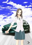  brown_eyes brown_hair car cloud day ground_vehicle ichino kawada_tomoko kimi_kiss motor_vehicle peugeot skirt smile solo 