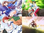  4girls artist_request bicycle blonde_hair brown_hair character_request collage copyright_request couple fujieda_honami game_cg ground_vehicle hetero horse hug kiriyama_keigo kiriyama_sakura long_sleeves multiple_boys multiple_girls multiple_riders pillion ponytail red_hair riding sakura_musubi school_uniform sidesaddle tsuki_wa_higashi_ni_hi_wa_nishi_ni 