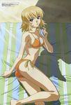  absurdres arm_support ass bangs barefoot beach beach_towel bikini blonde_hair blue_towel breasts brown_eyes cagalli_yula_athha cleavage clenched_hand collarbone crease day from_above from_side green_towel grin gundam gundam_seed hand_up headshop highres holding horiuchi_osamu kneepits light_rays looking_to_the_side medium_breasts navel outdoors parted_lips reclining scan shade shadow shiny shiny_hair short_hair side-tie_bikini sideboob smile solo striped striped_towel sunbeam sunlight swimsuit third-party_edit towel 