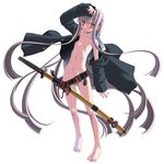  absurdly_long_hair arm_up barefoot belt blush expressionless feet flat_chest full_body gakuran hand_to_head jacket katana long_hair long_sleeves navel nipples nude off_shoulder open_clothes open_jacket original pointy_ears red_eyes sakuya_tsuitachi school_uniform sheath sheathed silver_hair solo sword unbuttoned very_long_hair weapon 