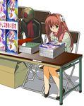  a1 blue_eyes blush bow box braid cardboard_box chair convention hair_bow kamen_rider kamen_rider_2 kimi_ga_nozomu_eien long_hair long_sleeves manga_(object) mask moetan pink_hair side_braid sitting suzumiya_haruka table third-party_edit 