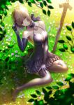  1girl absurdres alternate_breast_size artoria_pendragon_(all) black_footwear black_legwear black_ribbon black_shirt blonde_hair blue_gloves braided_bun breasts choker cleavage collarbone dark_excalibur elbow_gloves fate/stay_night fate_(series) flower formal fujifuji924 full_body gloves grass hand_on_lap high_heels highres large_breasts miniskirt pleated_skirt pumps purple_skirt ribbon saber_alter shirt short_hair sitting skirt skirt_suit sleeveless sleeveless_shirt solo suit thighhighs zettai_ryouiki 