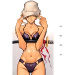  bikini blonde_hair breasts cleavage copyright_request hands hat katana medium_breasts midriff navel nekkeau short_hair swimsuit sword weapon 