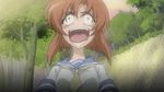  animated animated_gif cliff crazy_eyes fence higurashi_no_naku_koro_ni laughing lowres nature orange_eyes orange_hair ryuuguu_rena school_uniform screencap sky solo tree 