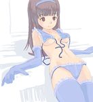  blue_bra blue_gloves blue_legwear blue_panties bra brown_eyes brown_hair copyright_request elbow_gloves frilled_bra frilled_legwear frilled_panties frills front-tie_top gloves hairband lingerie long_hair lying on_back panties solo thighhighs tougetsu_gou underwear untied 