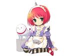  apron box creature expressionless frills green_eyes hairband itou_noiji long_sleeves maid original pantyhose red_hair shoes short_hair solo striped striped_legwear white_background 