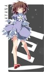  ayana back_bow blush bow brown_hair closed_eyes closed_mouth dress facing_viewer flower full_body grey_background grey_dress kantoku large_bow long_sleeves original rounded_corners short_dress short_hair sketch_eyebrows solo white_bow 