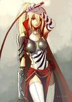  armor asymmetrical_clothes blonde_hair boobplate boots breastplate cape copyright_request gauntlets gloves nekkeau ponytail red_eyes thigh_boots thighhighs whip 