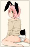  animal_ears arm_support artist_request back blush brown_eyes bunny_ears bunny_tail copyright_request grey_panties long_sleeves looking_back no_pants panties pink_hair short_hair sitting solo striped striped_panties sweater tail underwear wariza 