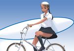  bicycle black_hair braid brown_eyes ground_vehicle kiriman_(souldeep) original school_uniform skirt solo surfboard tan twin_braids 