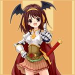  armor armored_dress brown_hair cosplay fantasy lord_knight oekaki orange_background orange_skirt ragnarok_online short_hair skirt solo suzumiya_haruhi suzumiya_haruhi_no_yuuutsu yuuki_(silent_moon) 