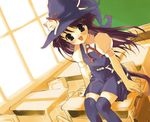  animal backpack bag cat classroom copyright_request desk g_munyo hat indoors on_desk school_desk sitting sitting_on_desk solo thighhighs window witch witch_hat 