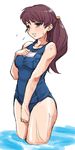  bare_shoulders brown_hair flying_sweatdrops long_hair minato_fumi one-piece_swimsuit original ponytail school_swimsuit solo sweat swimsuit tears wading water 