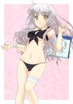  bag bandages bikini blush caren_hortensia fate/hollow_ataraxia fate/stay_night fate_(series) front-tie_top long_hair mizuki_makoto shopping_bag silver_hair solo swimsuit yellow_eyes 