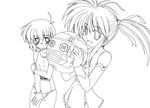  1girl 45acp crossover greyscale lineart long_sleeves lyrical_nanoha mahou_shoujo_lyrical_nanoha monochrome sergeant_major_zero takamachi_nanoha terrahawks twintails yuuno_scrya zeroid 