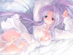  areolae arms_up bed blush braid breasts canvas_2 cleavage covered_nipples dress_shirt garter_belt lace lace-trimmed_panties lace_panties large_breasts lingerie long_hair long_sleeves lying miwa_yoshikazu nipples no_bra no_pants non-web_source on_back open_clothes open_shirt panties ponytail purple_eyes purple_hair saginomiya_saya see-through shirt smile solo thighhighs underwear very_long_hair white_legwear white_panties 