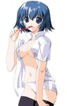  black_legwear blue_eyes blue_hair breasts brushing_teeth copyright_request csy dress_shirt medium_breasts navel no_bra open_clothes open_shirt panties shirt short_hair solo standing thighhighs toothbrush underwear white_panties 