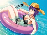  bikini breasts cleavage collarbone copyright_request green_eyes hat innertube inue_shinsuke lens_flare medium_breasts partially_submerged purple_hair see-through short_hair straw_hat sun_hat swimsuit water 