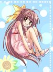  :d ahoge bow brown_eyes brown_hair dress hair_bow koyuki_(2smj) long_hair open_mouth original sandals smile solo 