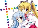  blonde_hair blue_hair fujimiya_chisa gift_(game) gift_eternal_rainbow hair_ribbon kamishiro_yukari_(gift) long_sleeves multiple_girls naruse_mamoru one_eye_closed ribbon school_uniform twintails 