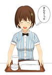  ^_^ ^o^ a1 bow bowtie closed_eyes copyright_request cup food holding shirt short_hair short_sleeves simple_background solo striped striped_shirt thought_bubble upper_body waitress white_background 