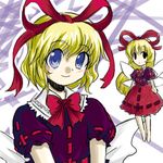  ascot blonde_hair blue_eyes bow doll hair_bow lowres medicine_melancholy puffy_sleeves ribbon short_hair smile solo su-san tajima_yuuki touhou wings 