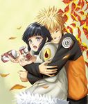  1girl blonde_hair blue_hair couple hetero hug hyuuga_hinata keroyon-jima long_sleeves lowres naruto naruto_(series) orange_shirt shirt short_hair soda spiked_hair surprised uzumaki_naruto 