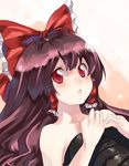  :o alternate_eye_color bandages blush bow brown_hair collarbone hair_bow hair_tubes hakurei_reimu huge_bow long_hair looking_at_viewer parted_lips solo teeth touhou upper_body 