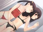  ass black_bra black_panties blush bra brown_eyes brown_hair camisole dutch_angle garter_belt garters hair_bobbles hair_ornament highleg highleg_panties kawase_yuki kusanagi_koyori lingerie long_hair looking_back midriff multiple_girls panties red_panties shojokyu standing thigh_gap tomohara_haruna twintails underwear underwear_only undressing yuri 