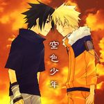  arm_warmers artist_request black_eyes black_hair blonde_hair closed_eyes cowboy_shot frown fur_trim head_on_head jacket long_sleeves male_focus multiple_boys naruto naruto_(series) orange_shirt shirt smile spiked_hair standing sunset sweater uchiha_sasuke uzumaki_naruto whisker_markings 