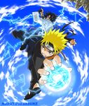  black_hair blonde_hair blue_eyes blue_sky character_name clenched_teeth cloud cloudy_sky day duel firstsky fisheye holding holding_sword holding_weapon katana konohagakure_symbol long_sleeves male_focus multiple_boys naruto naruto_(series) naruto_shippuuden ninja outdoors rasengan red_eyes serious sharingan sky sword teeth uchiha_sasuke uzumaki_naruto vs weapon whisker_markings 