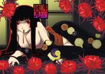  bangs black_hair blunt_bangs breasts enma_ai flower hime_cut japanese_clothes jigoku_shoujo kazu large_breasts long_hair mouth_hold nipples red_eyes solo spider_lily 