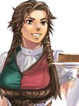  bernadette_egan breasts brown_eyes brown_hair cake food gensou_suikoden gensou_suikoden_v grin large_breasts long_hair lowres pastry plate sakishima_(irregular_colors) simple_background smile solo upper_body white_background 