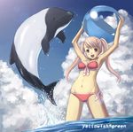  ball beachball bikini blue_eyes day dolphin kimidorin long_hair ocean original pink_hair solo summer swimsuit twintails water whale 