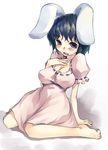 animal_ears barefoot black_hair breasts bunny_ears cleavage dress feet hand_on_own_chest inaba_tewi large_breasts mikage_sekizai older short_hair sitting solo touhou wariza 