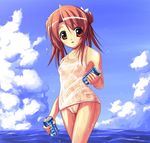  akayoshi_hajime brand_name_imitation breasts brown_eyes brown_hair cameltoe can cloud covered_nipples day mahou_sensei_negima! nipples one-piece_swimsuit pocari_sweat sakura_mei school_swimsuit see-through sky small_breasts soda_can solo swimsuit water wet 