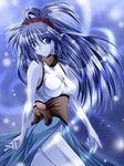  artist_request blue blue_background blue_eyes blue_hair blue_skin celsius_(tales) dress halterneck legs long_hair lowres multicolored multicolored_clothes multicolored_dress panties pantyshot solo tales_of_(series) tales_of_eternia underwear white_panties 