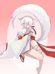  ahoge animal_ears barefoot detached_sleeves eyeshadow fox_ears fox_tail japanese_clothes kimono leg_lift long_sleeves makeup miko no_panties one_eye_closed original saibashi sandals short_hair solo tail thigh_gap white_eyes white_hair zouri 