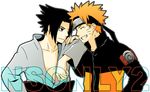  2boys ^_^ black_eyes black_hair blonde_hair closed_eyes collarbone facial_mark grin headband jacket long_sleeves male_focus multiple_boys naruto naruto_(series) open_mouth simple_background smile teeth uchiha_sasuke upper_body uzumaki_naruto whisker_markings white_background yaoi 