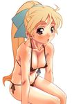  :o bikini blonde_hair blush bow breasts brown_eyes cleavage copyright_request eyebrows hair_bow hair_ribbon large_breasts micro_bikini navel nipples open_mouth ponytail red_eyes ribbon sitting solo swimsuit thick_eyebrows yuutarou_(majiyuta) 