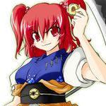  &gt;:) blush coin hair_bobbles hair_ornament holding japanese_clothes lowres onozuka_komachi red_eyes red_hair sash short_hair short_sleeves smile solo tajima_yuuki touhou two_side_up underbust upper_body v-shaped_eyebrows 