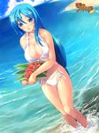  amei_sumeru beach bikini blue_eyes blue_hair blush breasts cleavage cloud crab crustacean day facial_mark forehead_mark front-tie_top large_breasts long_hair mugen_no_fantasia ocean original outdoors ponytail side-tie_bikini sky smile solo swimsuit tray very_long_hair wading water 