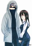  1girl aburame_shino artist_name bangs birdbox blunt_bangs brown_hair character_name coat forehead_protector glasses hands_in_pockets hood hood_up hooded_coat hyuuga_hinata konohagakure_symbol long_hair long_sleeves looking_at_viewer naruto naruto_(series) naruto_shippuuden ninja non-web_source open_clothes open_coat simple_background standing white_background white_eyes 